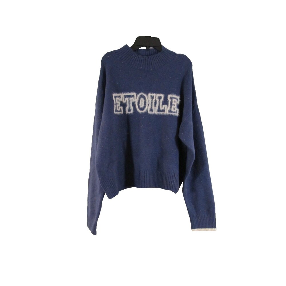 Hooked Up By IOT Women Sweater L Large Navy Blue Etoile Varsity Graphic Knit NWT